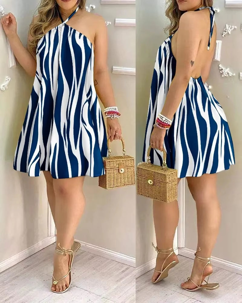 Tropical Print Halter Neck Dress, Vacation Style Backless Dress for Spring & Summer