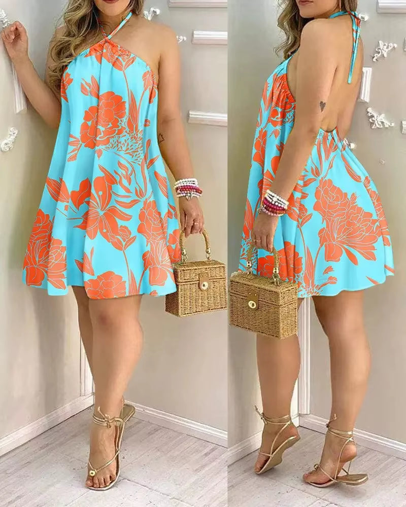 Tropical Print Halter Neck Dress, Vacation Style Backless Dress for Spring & Summer