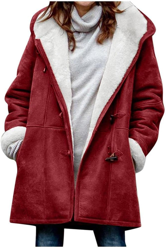 Coats for Women Fashion, Women'S Winter Fuzzy Fleece Hooded Jackets Casual Long Sleeve Open Cardigan Coat with Pockets 55 Red