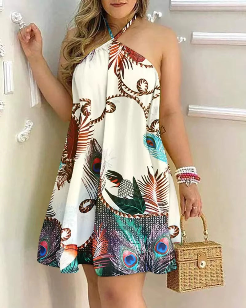 Tropical Print Halter Neck Dress, Vacation Style Backless Dress for Spring & Summer