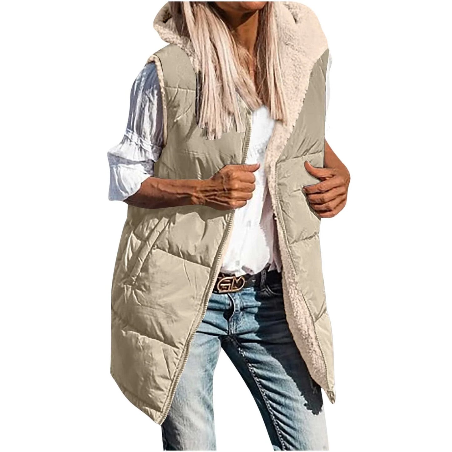 Women Long Vest Long Puffer Jacket for Women  Women'S Winter Casual Loose Color Pocket Zippered Waistcoat Reversible Long Cotton Coat Khaki M