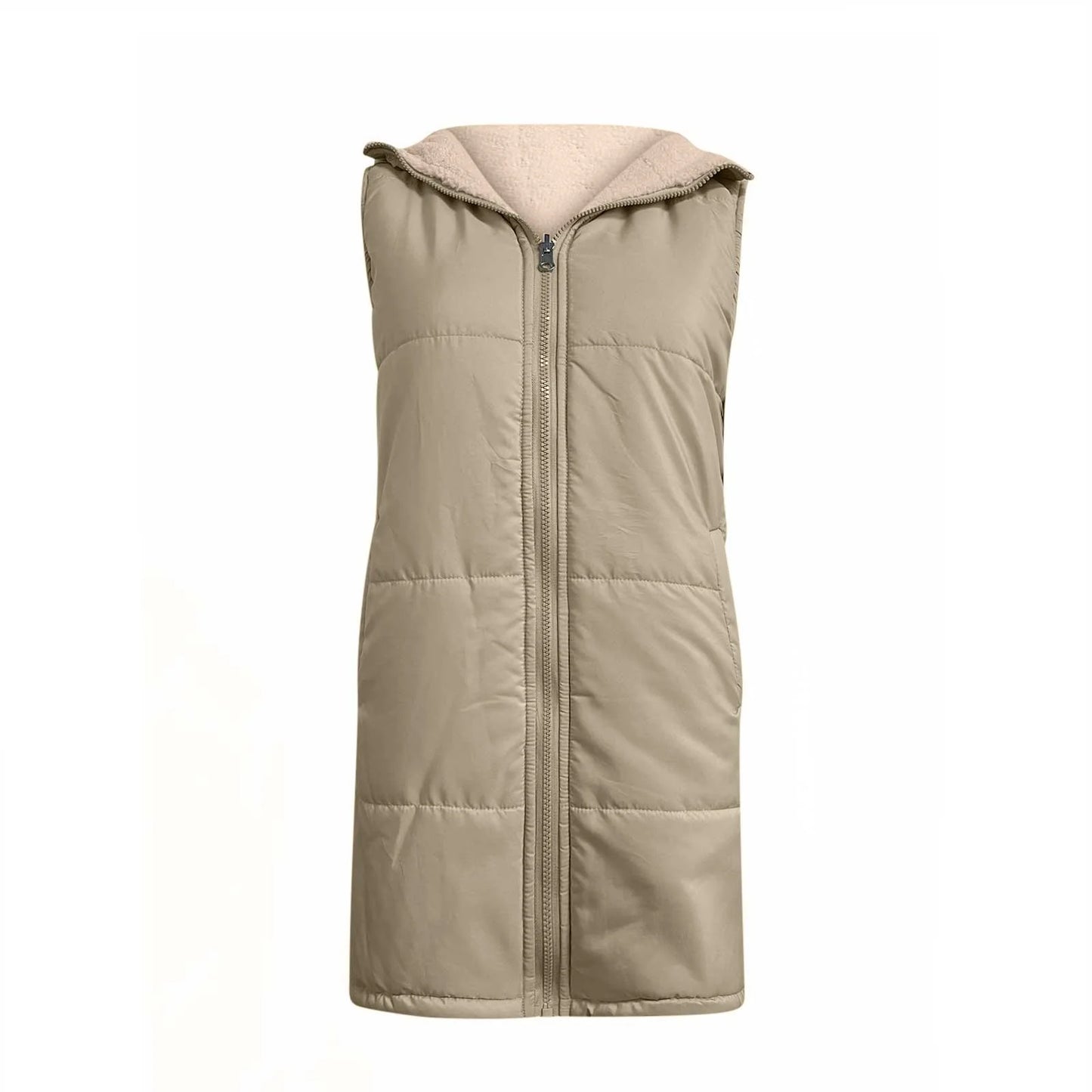 Women Long Vest Long Puffer Jacket for Women  Women'S Winter Casual Loose Color Pocket Zippered Waistcoat Reversible Long Cotton Coat Khaki M