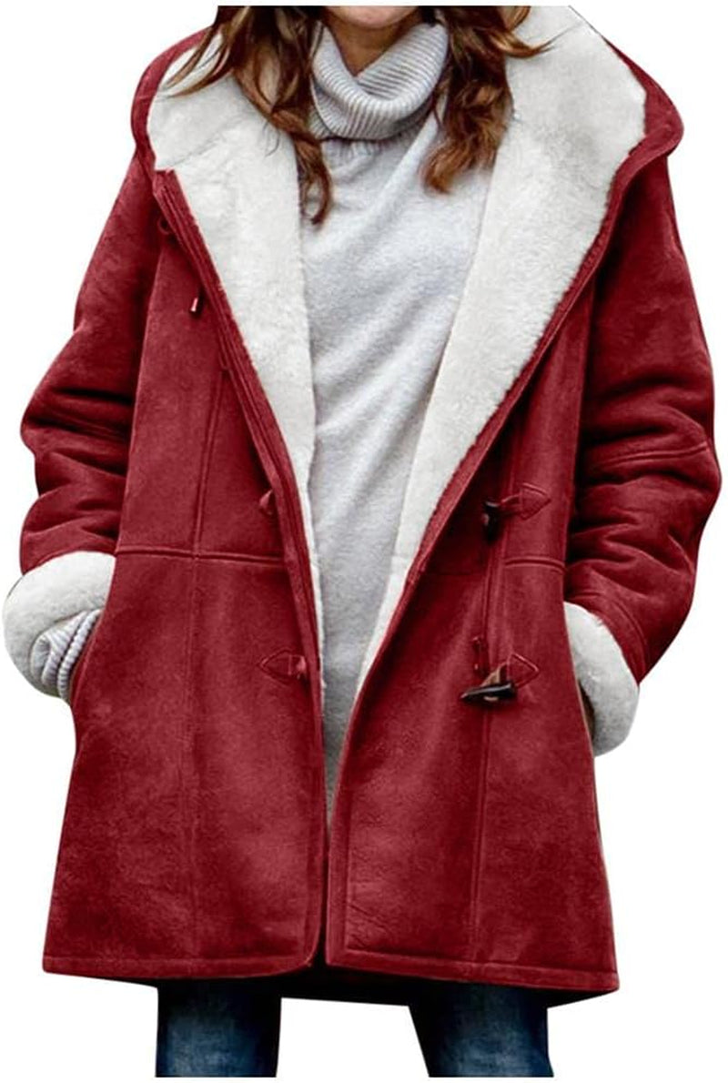 Coats for Women Fashion, Women'S Winter Fuzzy Fleece Hooded Jackets Casual Long Sleeve Open Cardigan Coat with Pockets 55 Red