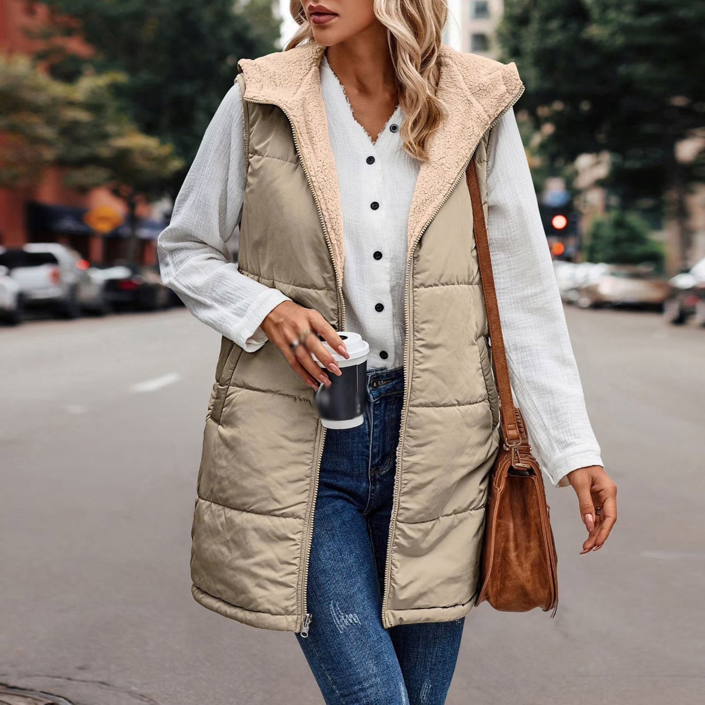 Women Long Vest Long Puffer Jacket for Women  Women'S Winter Casual Loose Color Pocket Zippered Waistcoat Reversible Long Cotton Coat Khaki M